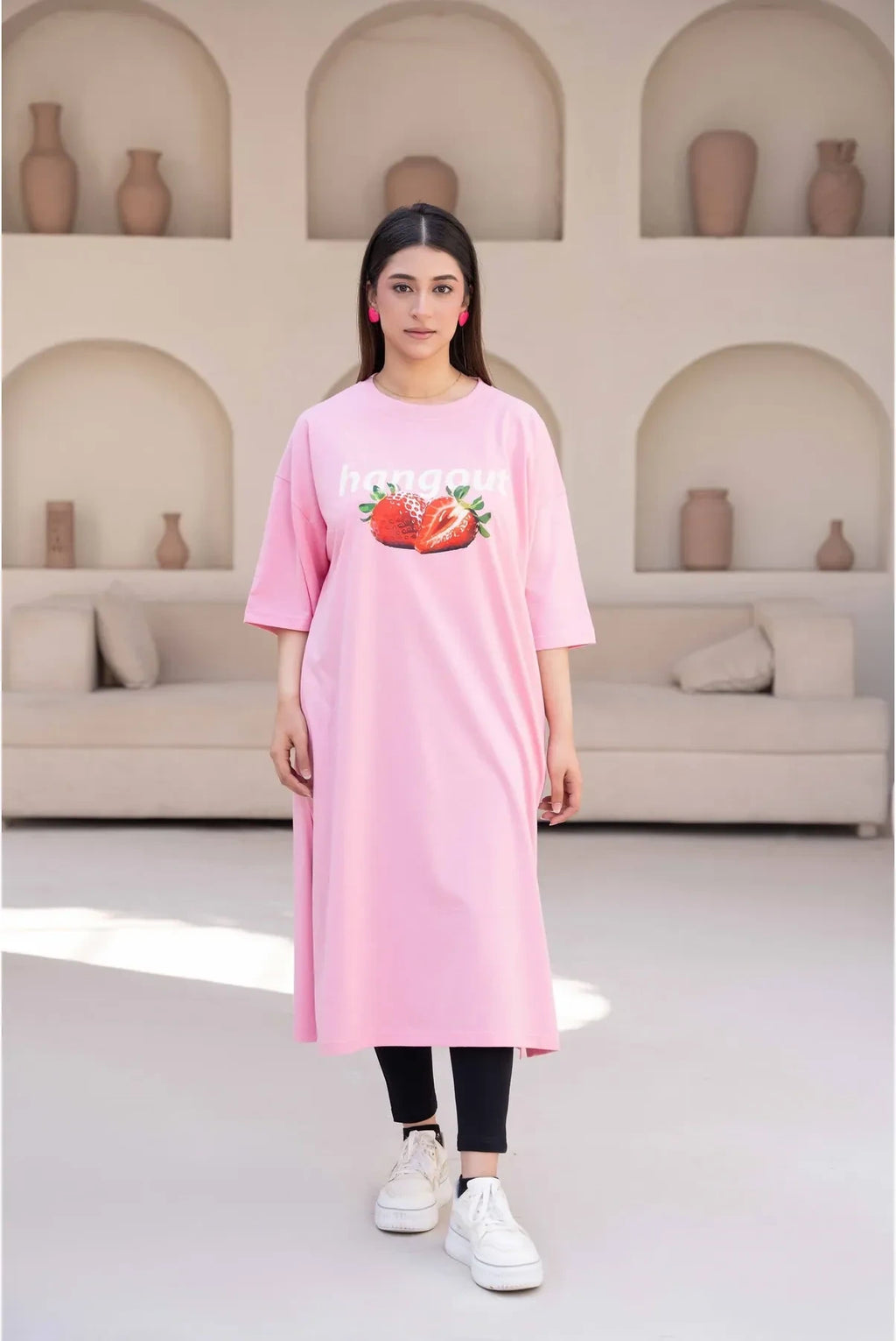 T-Shirt Strawberry Long Top by Hangout in Pink — long t-shirt, view 7