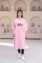 T-Shirt Strawberry Long Top by Hangout in Pink — long t-shirt, view 7
