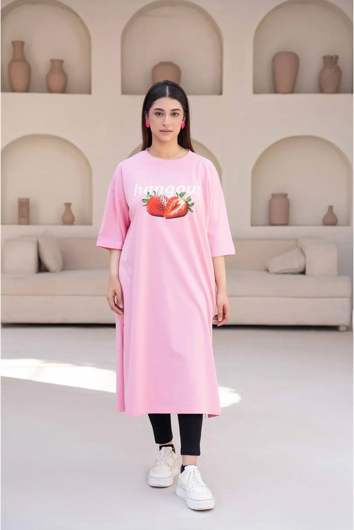 T-Shirt Strawberry Long Top by Hangout in Pink — long t-shirt, view 7