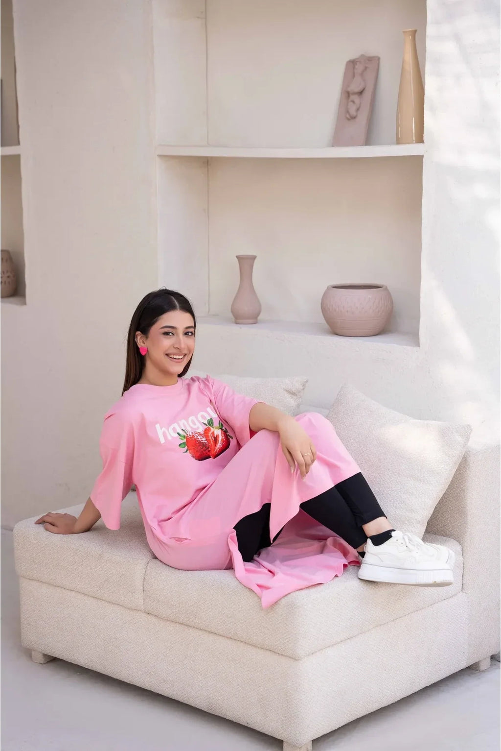 T-Shirt Strawberry Long Top by Hangout in Pink — long t-shirt, view 9