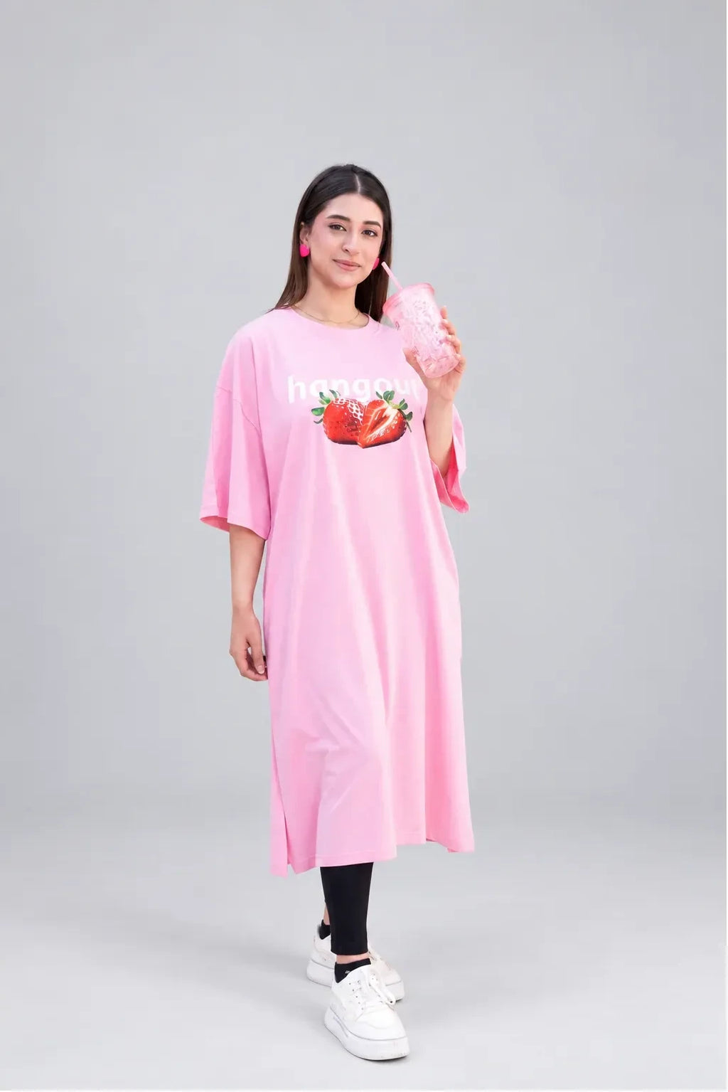 T-Shirt Strawberry Long Top by Hangout in Pink — long t-shirt