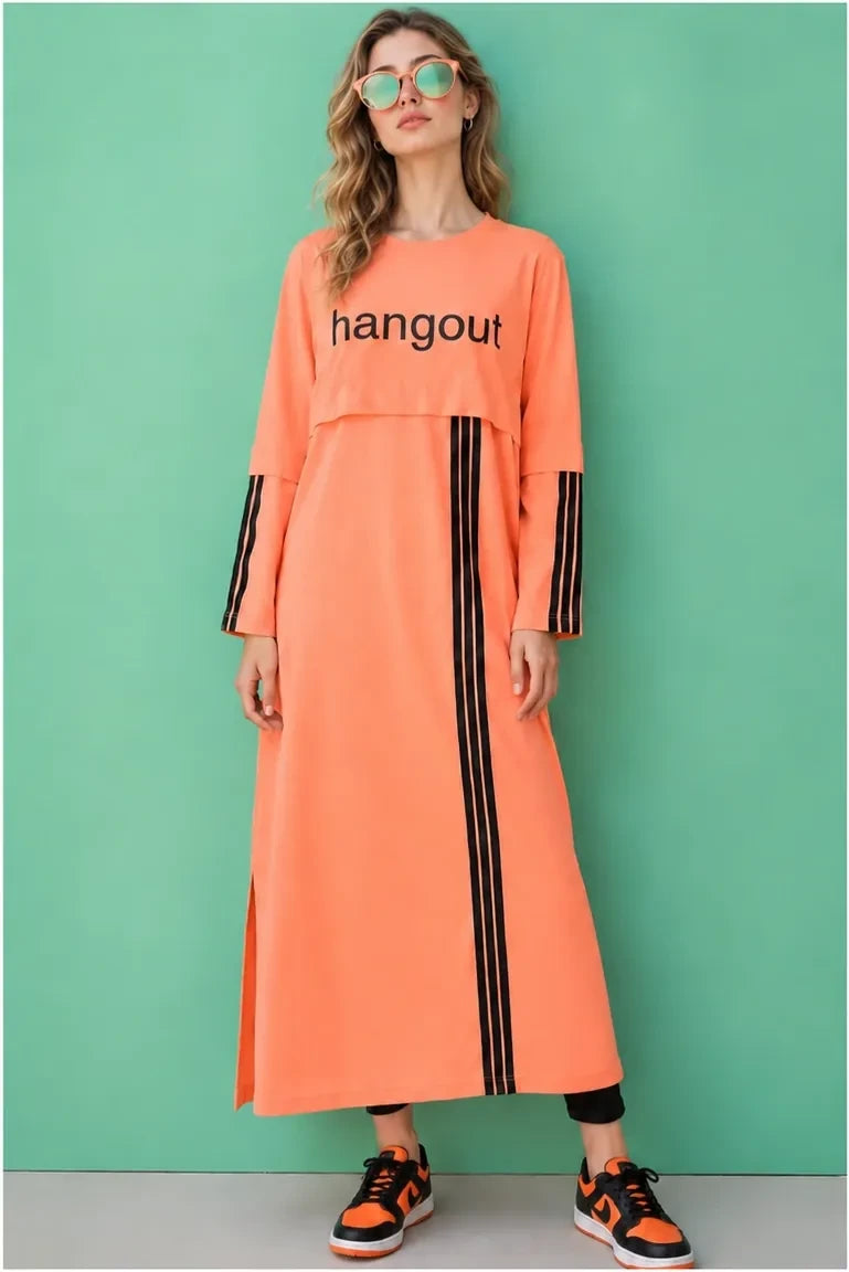 Tunic Peach Stripes Long Top by Hangout in Pastel Peach — long tunic, view 2
