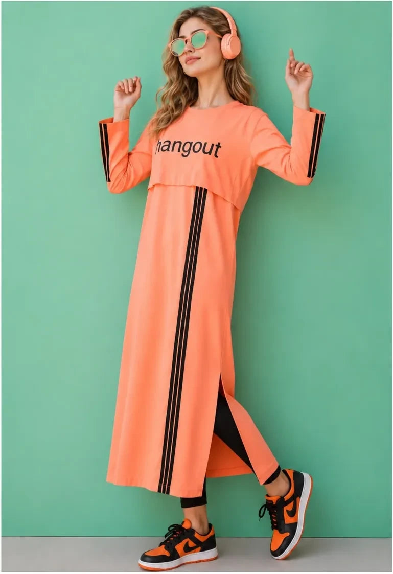 Tunic Peach Stripes Long Top by Hangout in Pastel Peach — long tunic, view 3