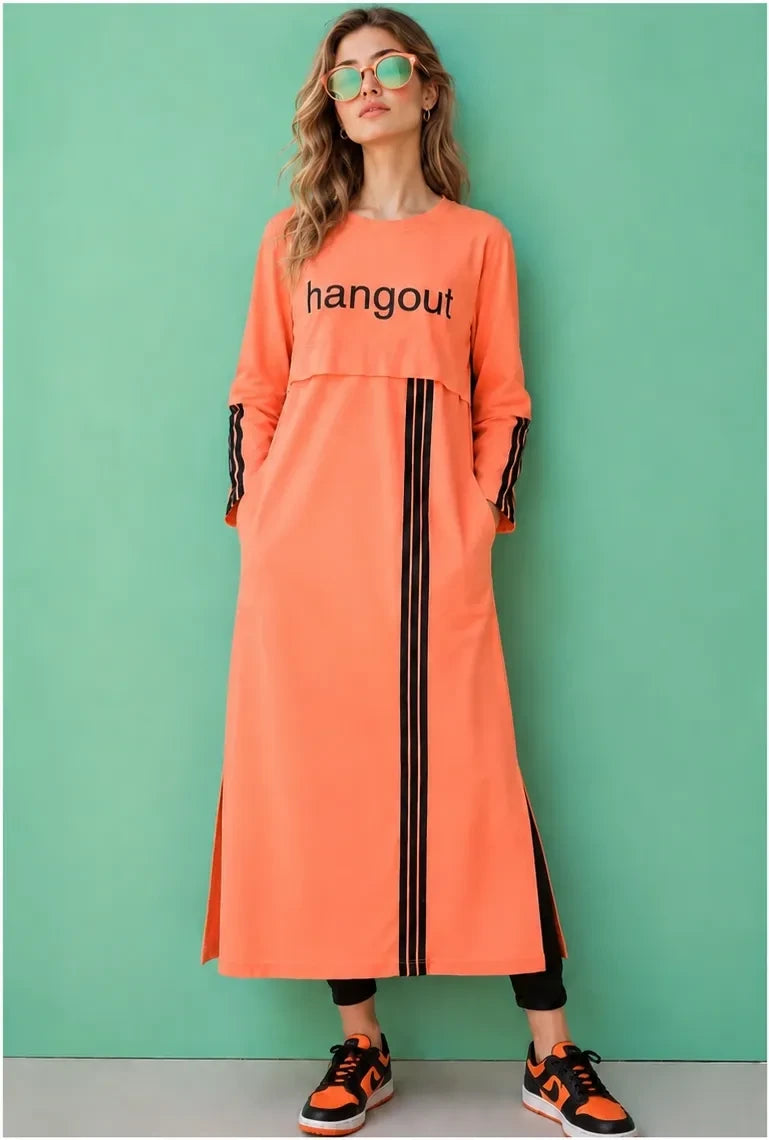 Tunic Peach Stripes Long Top by Hangout in Pastel Peach — long tunic, view 4