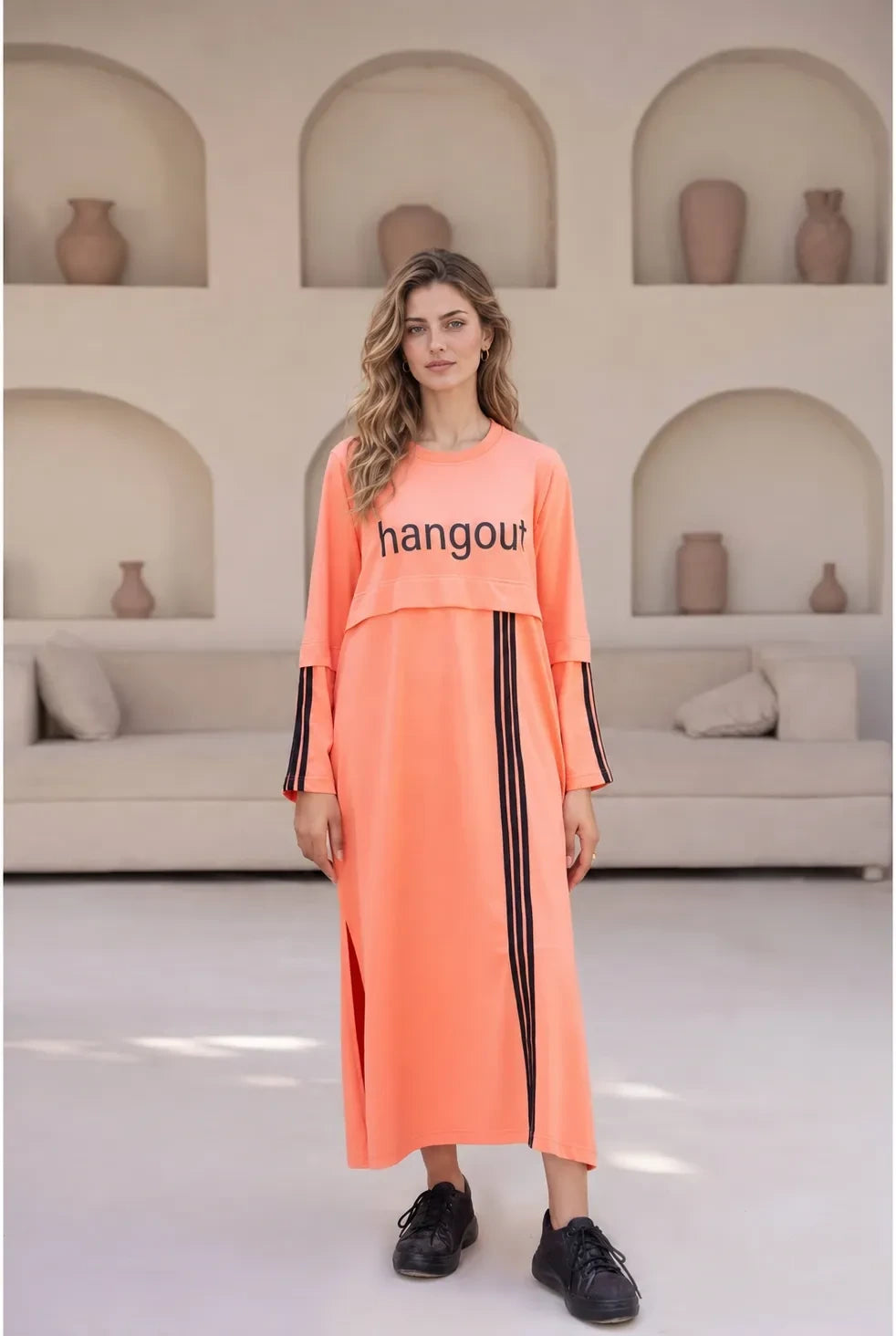 Tunic Peach Stripes Long Top by Hangout in Pastel Peach — long tunic, view 5