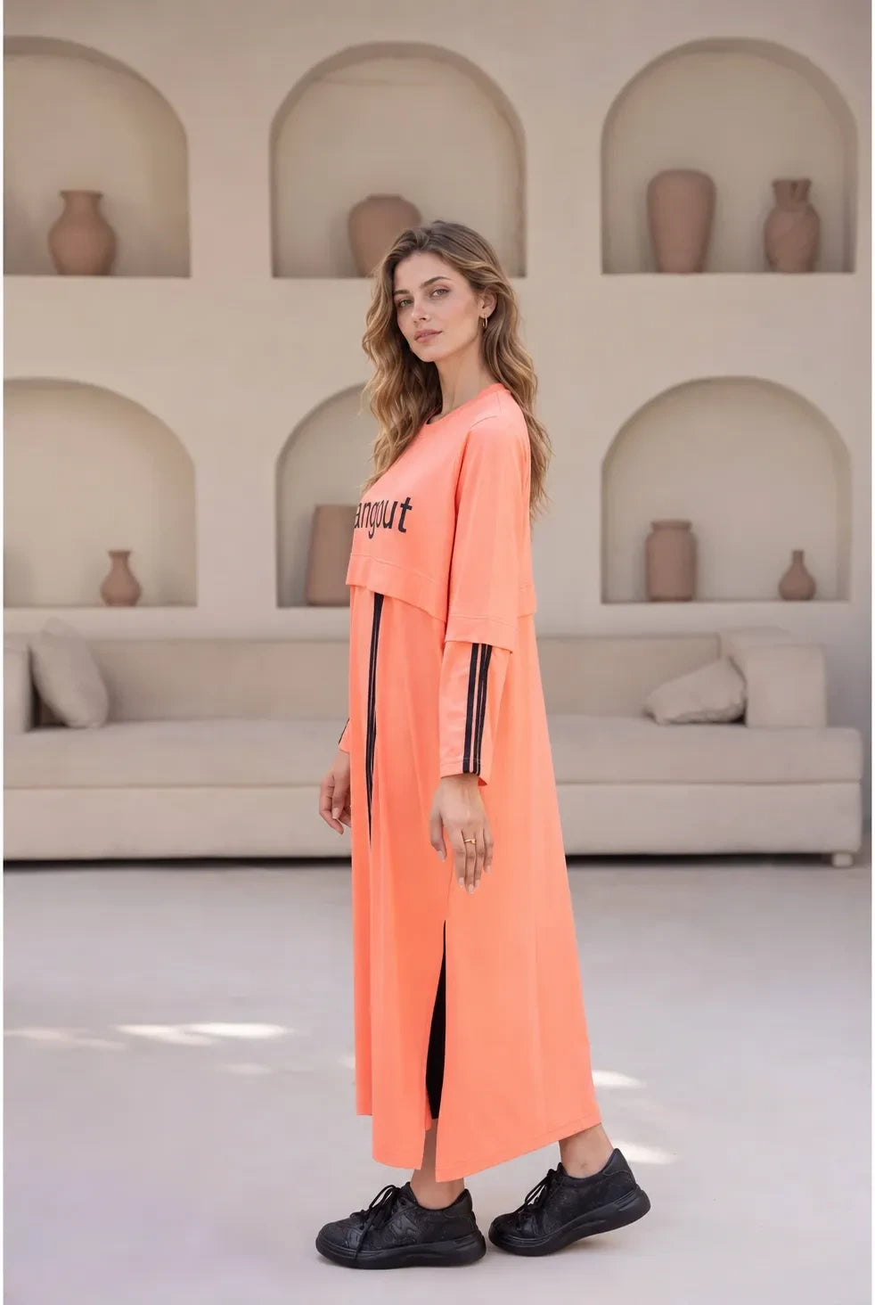 Tunic Peach Stripes Long Top by Hangout in Pastel Peach — long tunic, view 6
