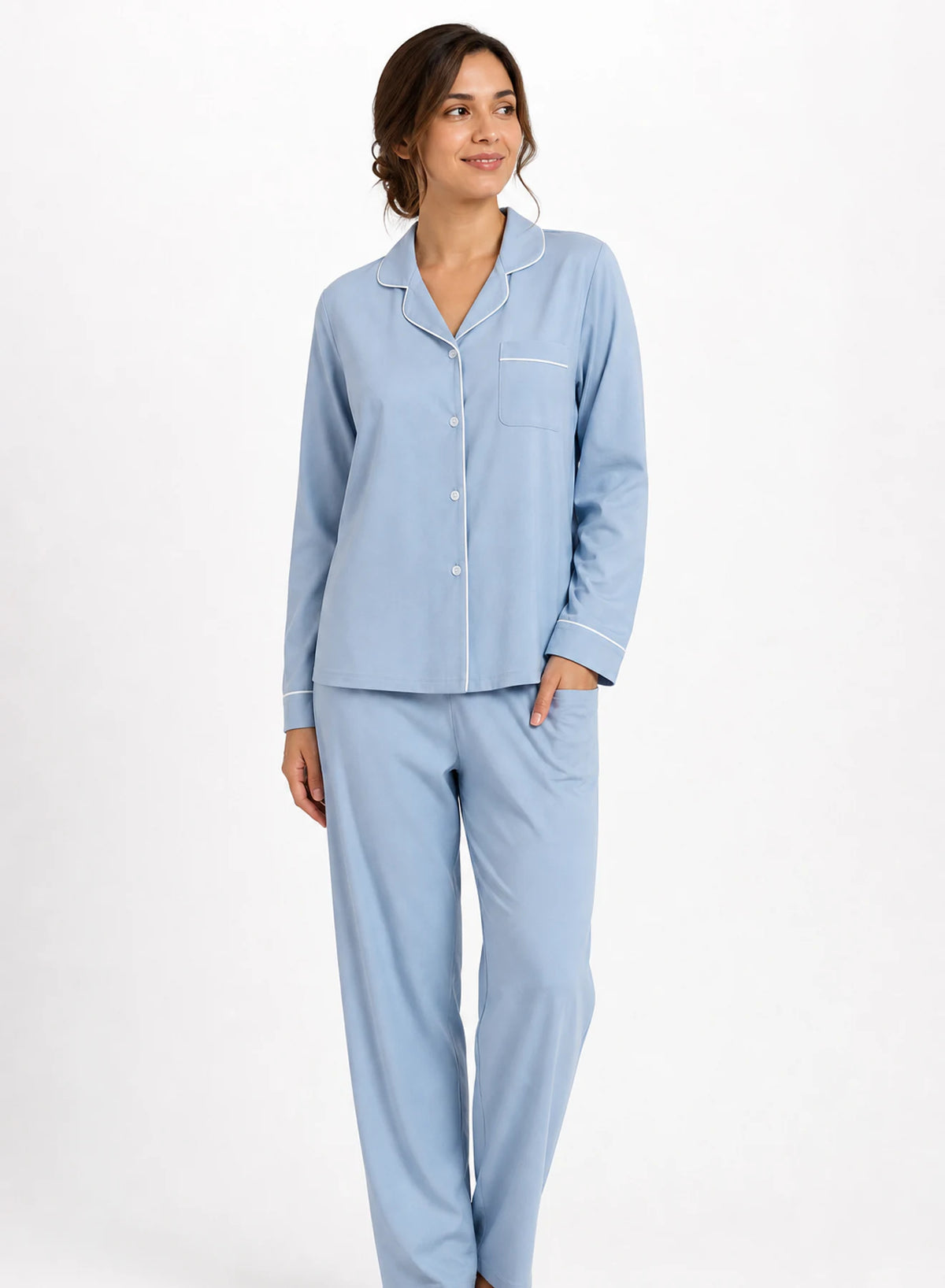 Moon Soft Night Set, two-piece nightwear set in Mist blue, Pearl white, product view on a white background
