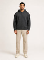 Nightfall Zip Hoodie, relaxed zip hoodie shown in a complementary studio setting