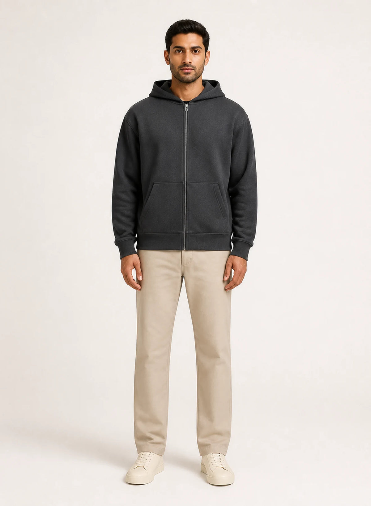 Nightfall Zip Hoodie, relaxed zip hoodie shown in a complementary studio setting