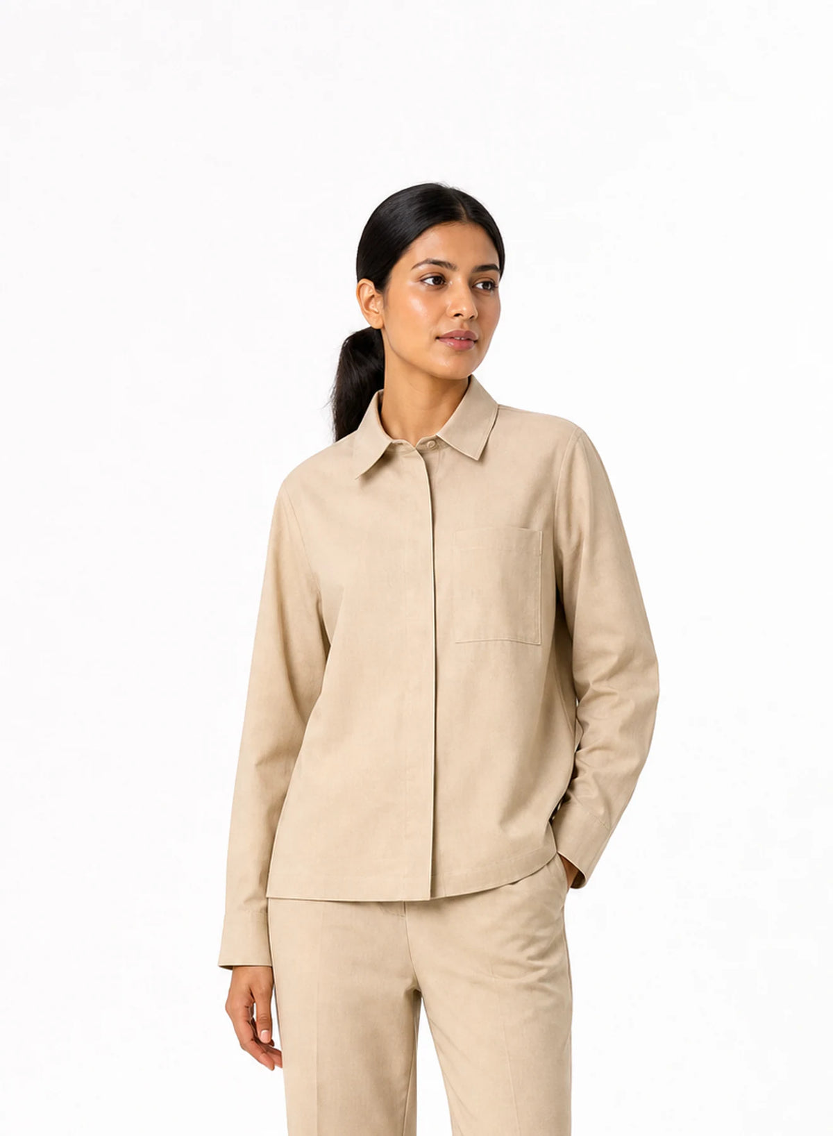 Sandbar Co-ord Set, two-piece co-ord in Warm sand, product view on a white background