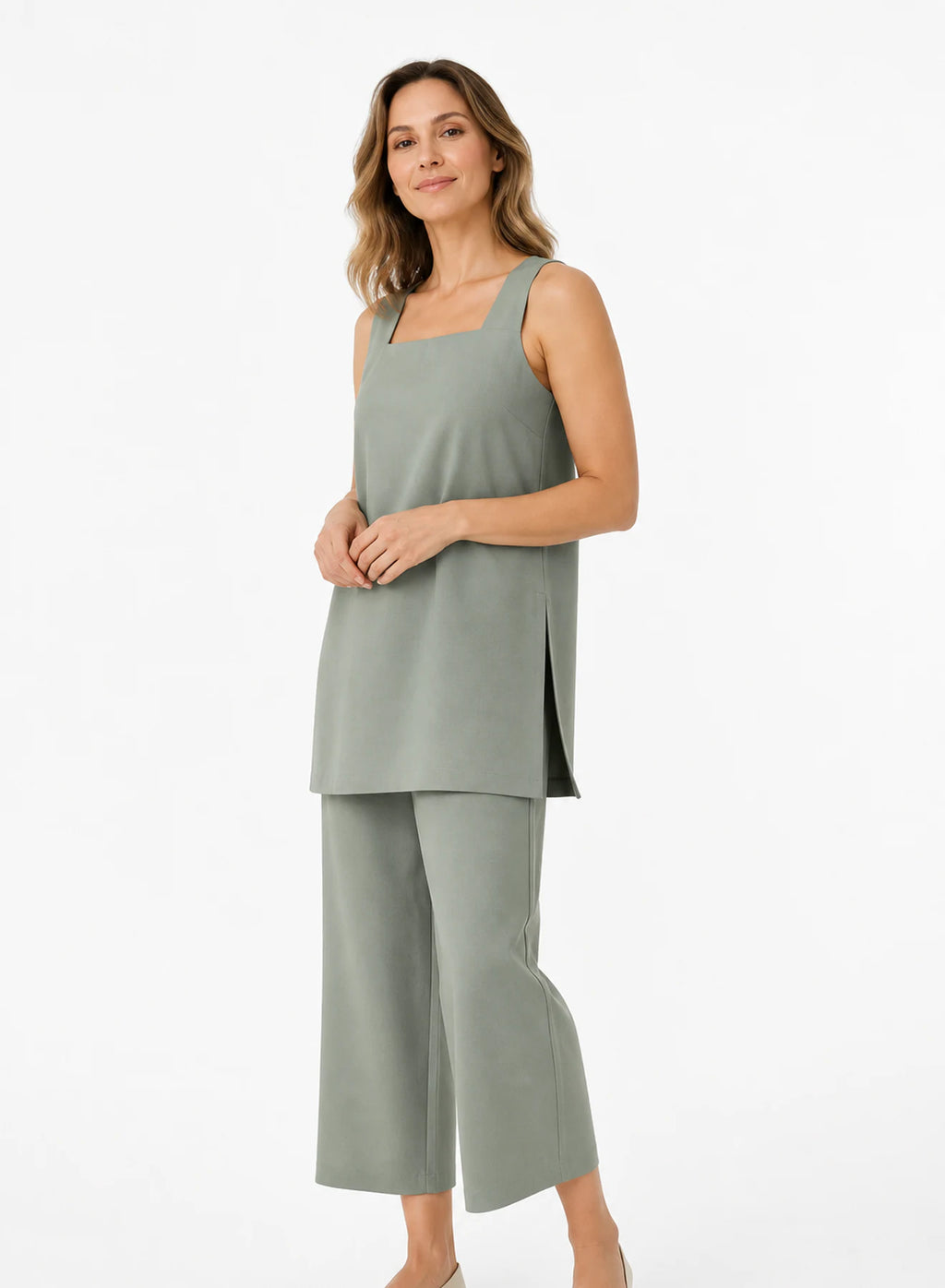 Sea Glass Co-ord Set, two-piece co-ord in Sage green, product view on a white background